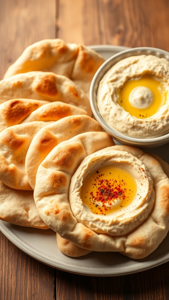 Homemade Pita Bread with Hummus Dip Warm pita bread wedges served with creamy hummus dip, garnished with olive oil and paprika on a rustic table.